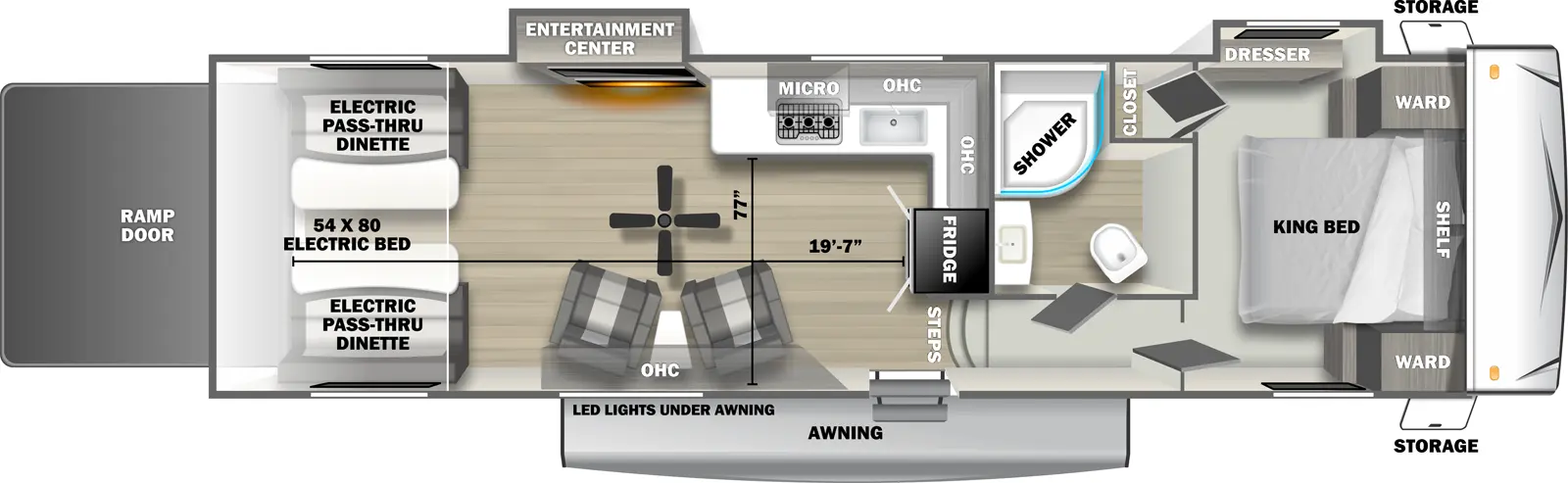 The 3300RLT fifth wheel has 2 slide outs on the off-door side, 1 entry door and 1 rear ramp door. Exterior features include an awning with LED lights and front opposing side storage access. Interior layout from front to back includes front bedroom with foot-facing King bed, shelf over the bed, front corner wardrobes, front facing closet and off-door side slideout holding a dresser; off-door side bathroom with radius shower, toilet and single sink vanity; 3 steps down into the kitchen area with off-door side L-shaped countertop, stovetop, L-Shaped overhead cabinets, sink and rear facing refrigerator; 2 door side recliners with end table; ceiling fan; off-door side slideout holding and entertainment center; and rear 54 x 80 electric bed over electric pass-through dinette. Cargo length from rear of unit to refrigerator is 19 ft. 7 in. Cargo width from countertop to door side wall is 77 inches.